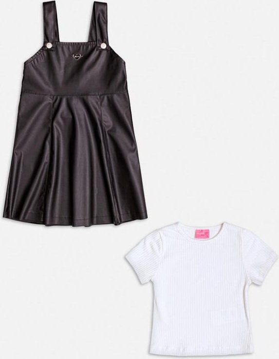 Conjunto Preto Manga Curta Fake Leather Branco