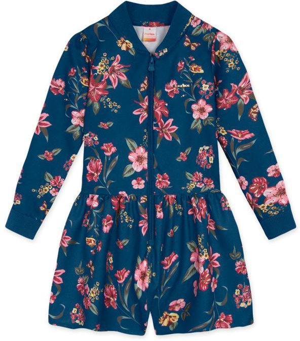 Macaquinho Manga Longa Tecido Crepe Menina Azul