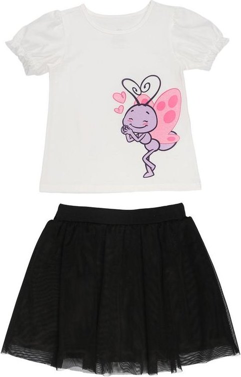 Conjunto Meia Malha Saia Tule Branco/Preto