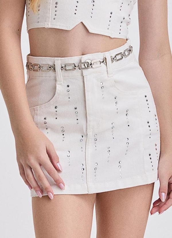 Saia de Sarja Off White com Strass Branco