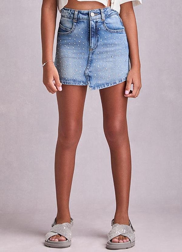 Saia Jeans Assimétrica com Strass Azul