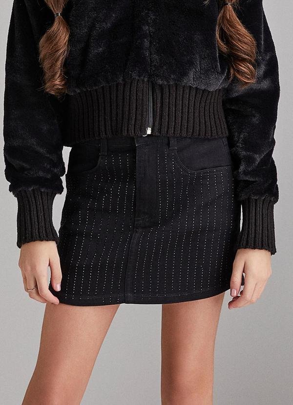 Saia Jeans Black com Strass Preto
