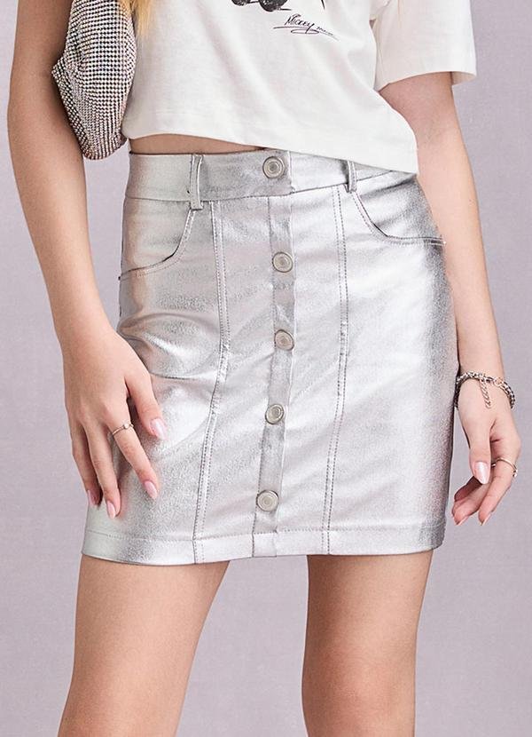 Saia Prata de Foil com Botões Prata