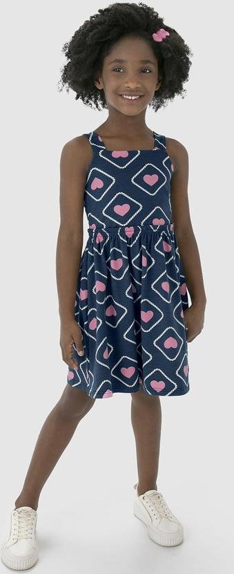 Vestido Azul Marinho Godê Corações