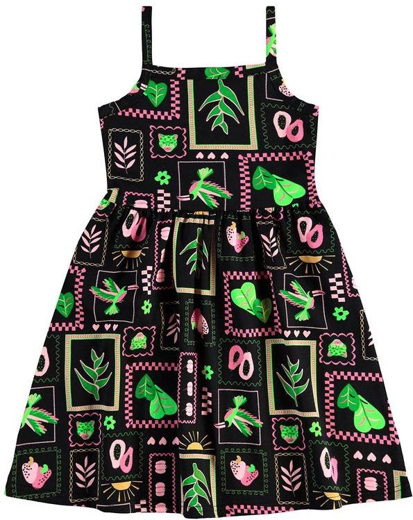 Vestido Curto Tropical Evasê Preto