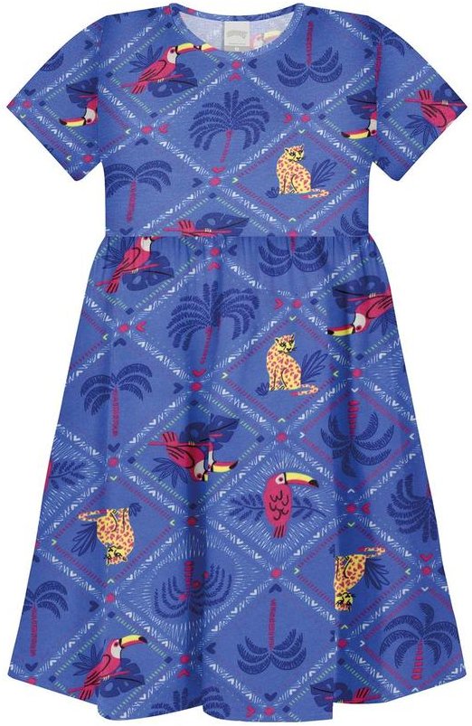 Vestido Estampado de Mangas Curtas Azul