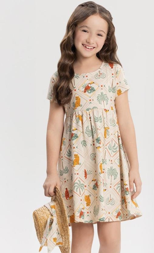 Vestido Estampado de Mangas Curtas Bege