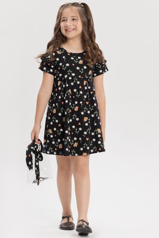 Vestido Estampado em Meia Malha Penteada Preto