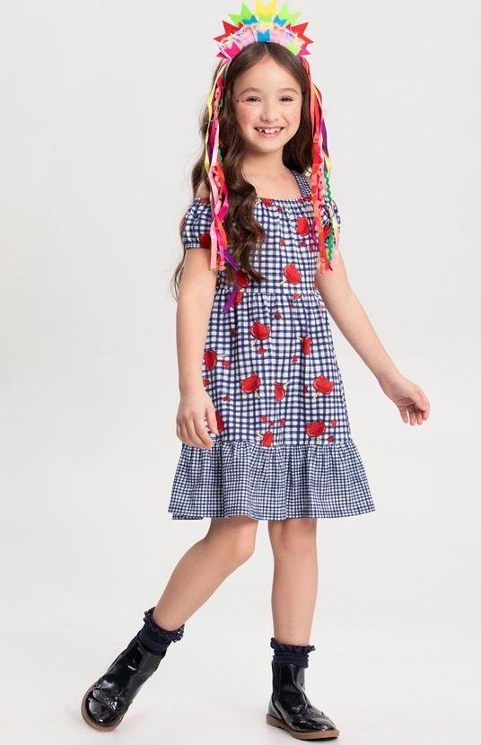 Vestido Estampado Evasê com Babado na Barra Azul