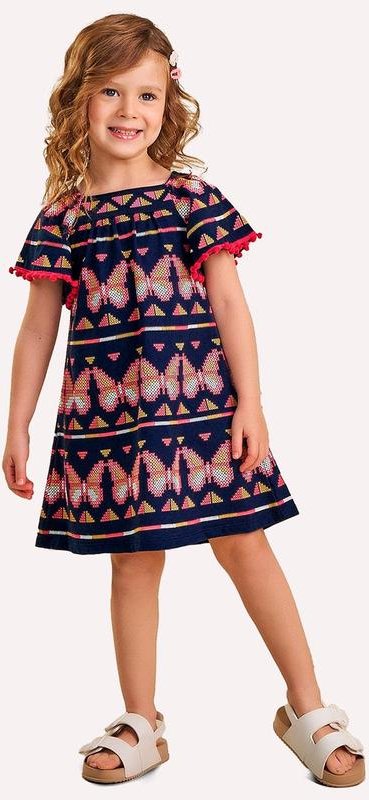 Vestido Infantil Menina Borboletas Azul Marinho