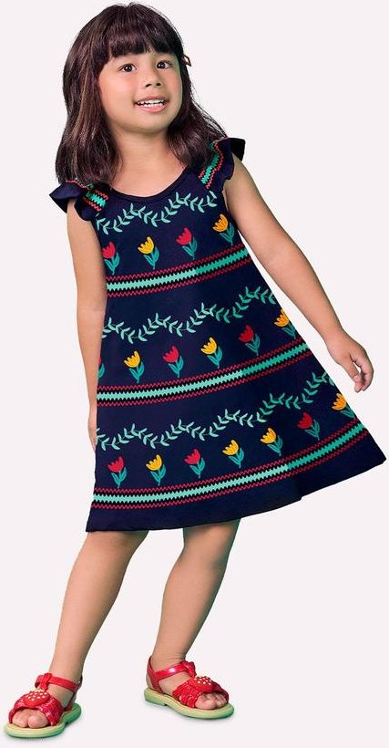 Imagem principal Vestido Infantil Menina Flores Azul Marinho Nanai Nanai