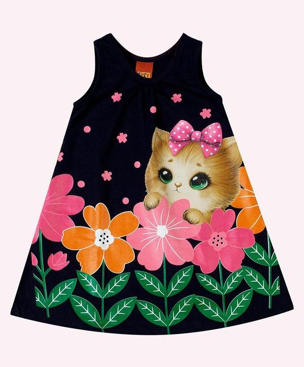 Imagem principal Vestido Infantil Menina Gatinho Azul Marinho Kyly Kyly