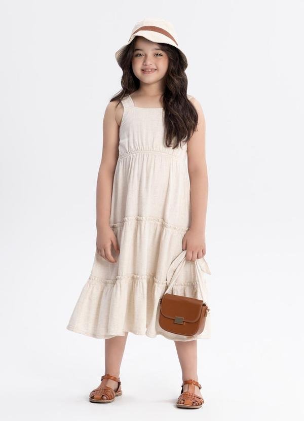 Vestido Midi de Alças em Sarja com Linho Bege