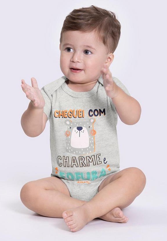Body Manga Curta com Estampa Divertida Cinza