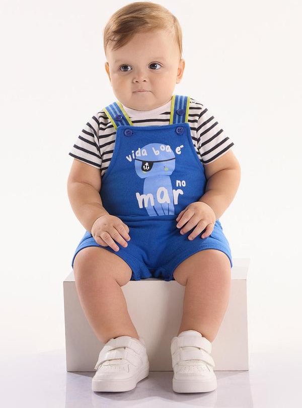 Imagem principal Conjunto Bebê Body e Jardineira Branco Três e Já Três e Já