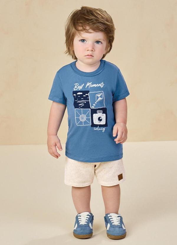 Conjunto Camiseta e Bermuda em Moletinho Azul