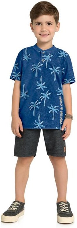 Conjunto Camiseta e Bermuda Moletinho Jeans Azul