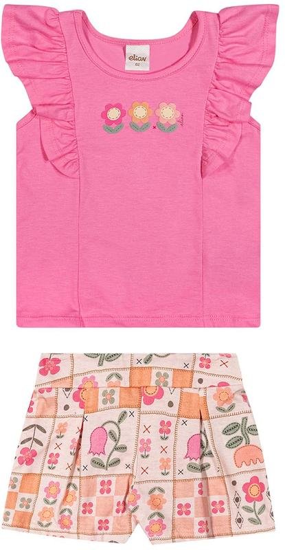 Conjunto Infantil Menina Floral com Babados Rosa