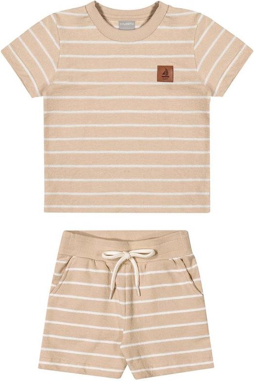Conjunto Infantil Menino Curto Listrado Bege