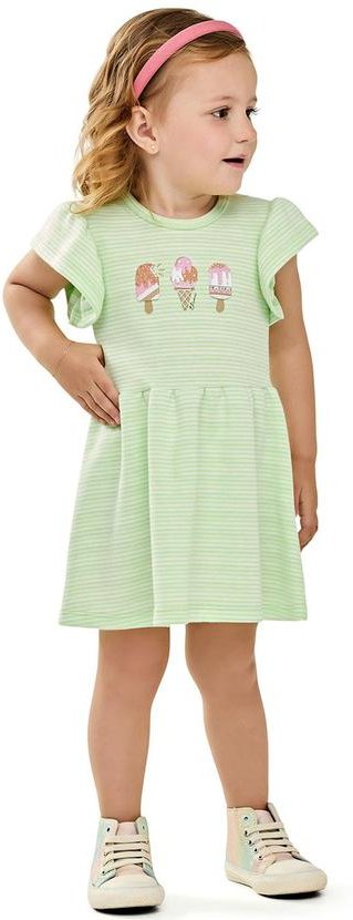 Vestido Infantil Menina Listrado Sorvetes Verde