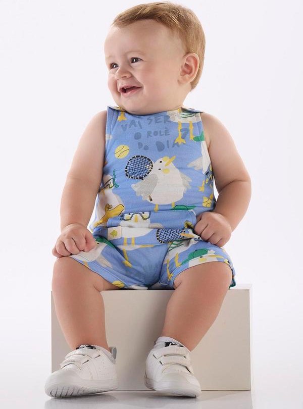 Imagem principal Macaquinho Bebê Menino em Algodão Azul Três e Já Três e Já