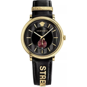 Versace VBQ050017 V-Circle 42mm Gold Tone Black Leather Strap Women's Watch