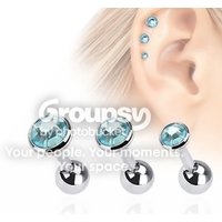 Pack of 3 - 16 Gauge Cartilage Tragus Rook Daith Barbells with Aqua CZ Gems - 316L Surgical Steel