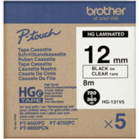 Brother HGe-131V5 P-Touch Label Tape Black On Clear Paper 12mm x 8m - 5 Pack (Original)