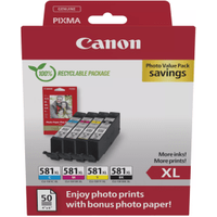 Canon CLI-581XL High Capacity Multipack - 4 Ink Cartridges & Photo Paper Value Pack (Original)