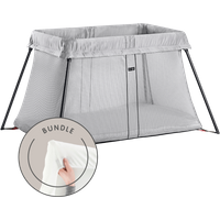 BabyBjorn Get 8% off on the Silver Travel Cot Light and fitted sheet bundle today