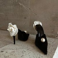 Black Satin High Heels Slippers New Spring and Summer Pearl High Heels Stiletto Heels Women's Stiletto Party White Rose Sandals