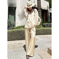 Oymimi Elegant Beige Print Two Piece Set For Women Fashion Long Sleeve Single Breasted Shirts And High Waisred Trousers Sets