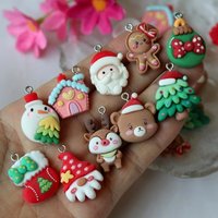 10pcs Christmas Cartoon Resin Nailing Pendant Santa Deer Cute Colorful Flat Back Charms DIY Necklace Bracelet Keyring Accessory