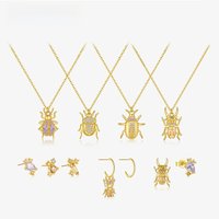 ANDYWEN 925 Sterling Silver Gold CZ Beetle Animal Zircon Piercing Earring Drop Courage Rings Long Chain Necklace Jewelry Set