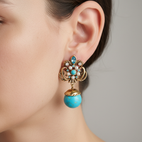 Vintage Gold Color Turquoise Drop Earrings for Women, Elegant Boho Imitation Pearl Dangle Earring, Wedding Party Jewelry Gift