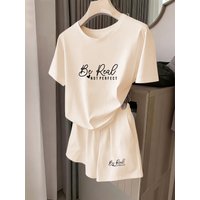 Summer Casual Sports Suit Be Real Not Perfect Letter Print Short-Sleeve + Shorts Simple Versatile Two-Piece Set