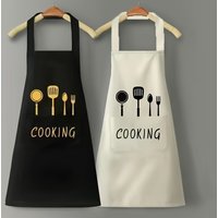 Stylish black and white PVC apron with cooking utensils design, Korean version hand wipe function, suitable for home and restaur