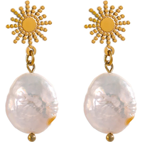Yhpup Natural Freshwater Pearl Dangle Earrings Stainless Steel Sun Celestial Hanging Earrings for Women Aretes De Mujer Gift