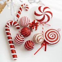 Red and White Candy Lollipop Cane Christmas Ball Christmas Tree Hanging Pendant Ornament for Christmas New Year Party Decor