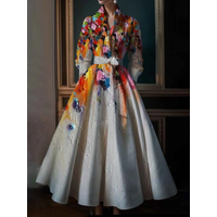Elegant Floral Printing Maxi Dresses Multicolor Turndown Collar Long Sleeve Cotton Long Dress Party Wedding Evening Dress 2024
