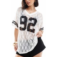 Women Summer Lace Football T-Shirt Casual Number Print See-Through V-Neck Short Sleeve Basic Tops for Streetwear