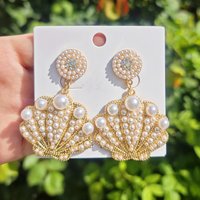 Bling Zircon Alloy Faux Pearl Shell Dangle Earrings For Women Exquisite Summer Beach Sea Animal Jewelry Banquet Accessory Gift