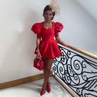 Customized Mini Party Dresses for Women Red Puffy Sleeves V Neck Short Cocktail Gowns Satin Belt A Line Simple Cocktail Dress