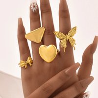 Stainless Steel Triangle Heart Butterfly Open Big Ring Adjustable For Women, Waterproof Punk Party Jewelry