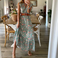 Short Sleeve Women Floral Bohemian Dress V-Neck Ruffle Empire Waist Green Summer Casual Beach Long Sundress with Belt