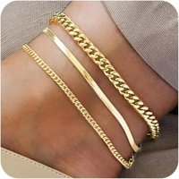 Waterproof Ankle Bracelets for Women Girls 14K Gold Plated STAINLESS STEEL Cuban Link, Figaro, Rope, Snake Anklets Foot Jewelry