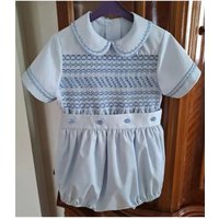 0-6Y Boy Summer Light Blue Smocked White Outfit Suit for Birthday Party Photograph A103