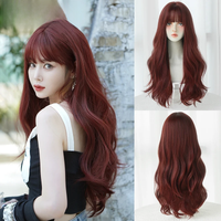 7JHH WIGS Lolita Wig Loose Body Wavy Wine Red Wig for Women Daily Party High Density Synthetic Wave Hair Wigs with Neat Bangs