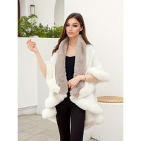 Gradient Color Faux Fur Collar Double Layer Knitted Cardigan Coat with Fringe Design Warm Shoulder Shawl Outerwear