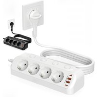 Eu Plug Multi-function power board 2 USB-A and 2USB-C Fast charging power adapters 2 m extension cord Independent switch White